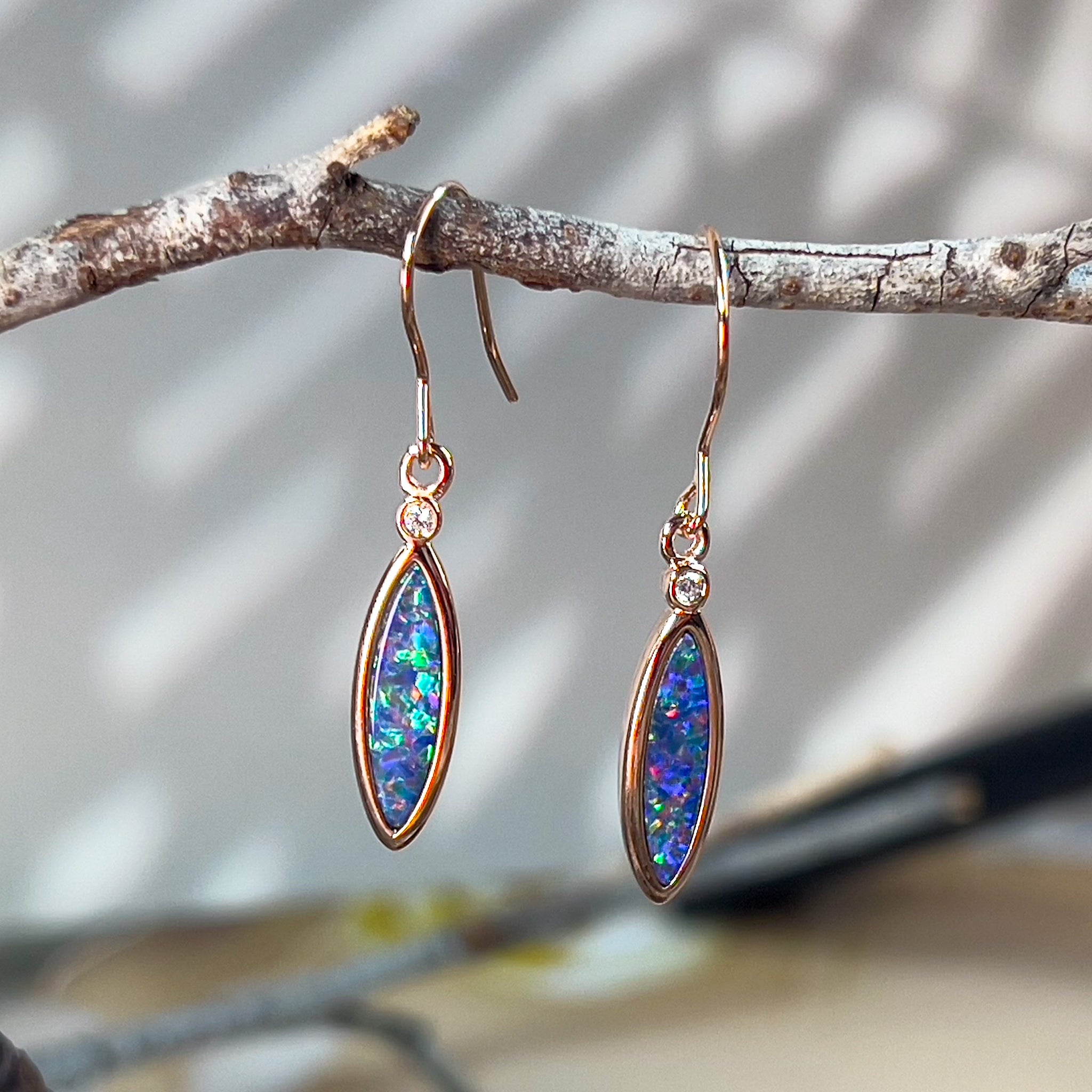 Rose Gold plated silver marquise shape opal doublets dangling - Masterpiece Jewellery Opal & Gems Sydney Australia | Online Shop
