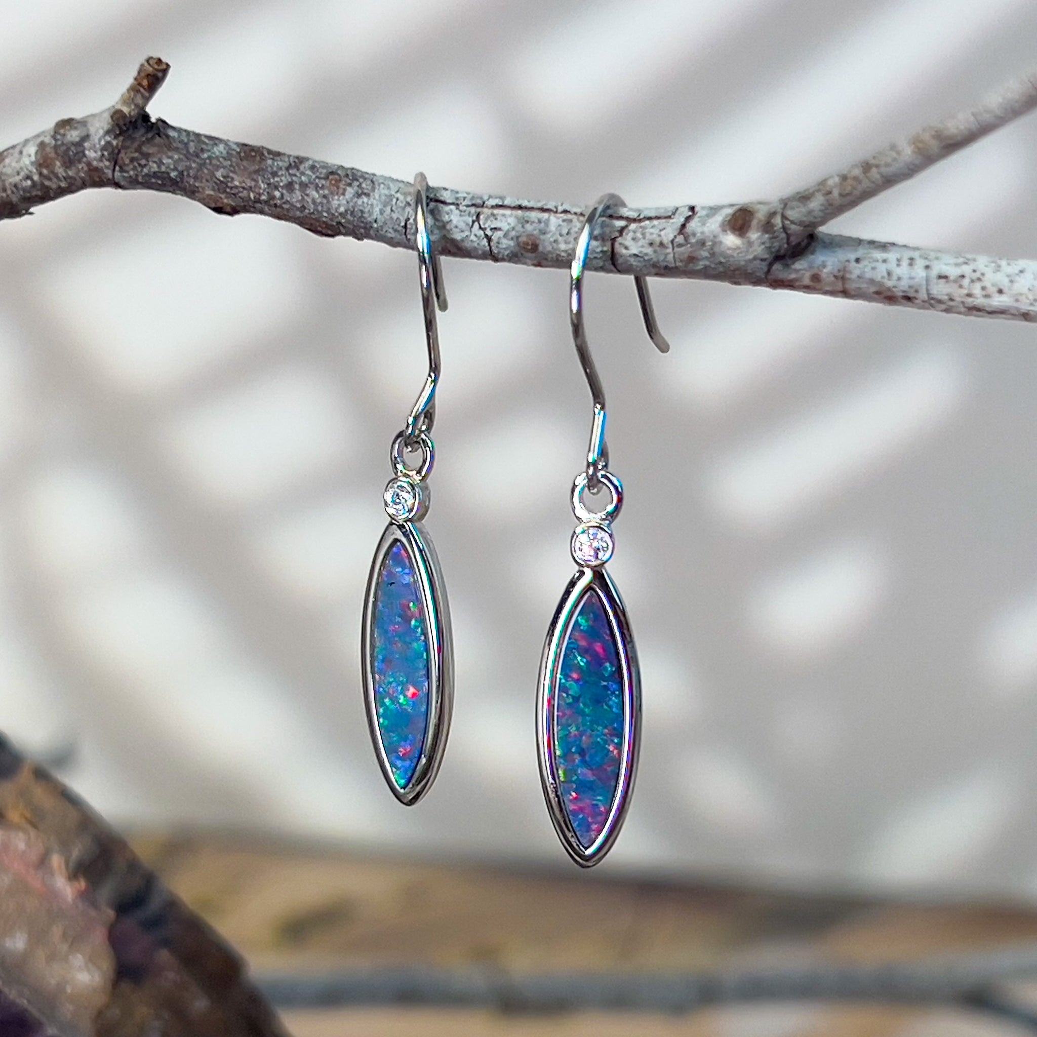 Sterling Silver marquise shape Opal doublets hook earrings - Masterpiece Jewellery Opal & Gems Sydney Australia | Online Shop