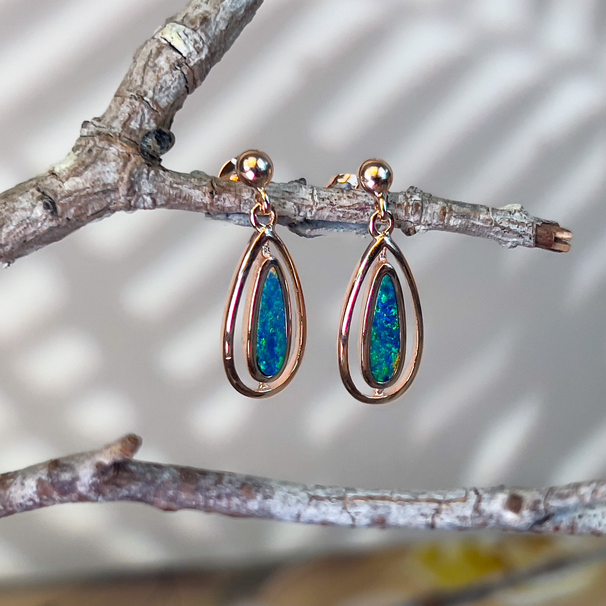 Rose Gold Silver dangling pearshape opal doublet earrings - Masterpiece Jewellery Opal & Gems Sydney Australia | Online Shop