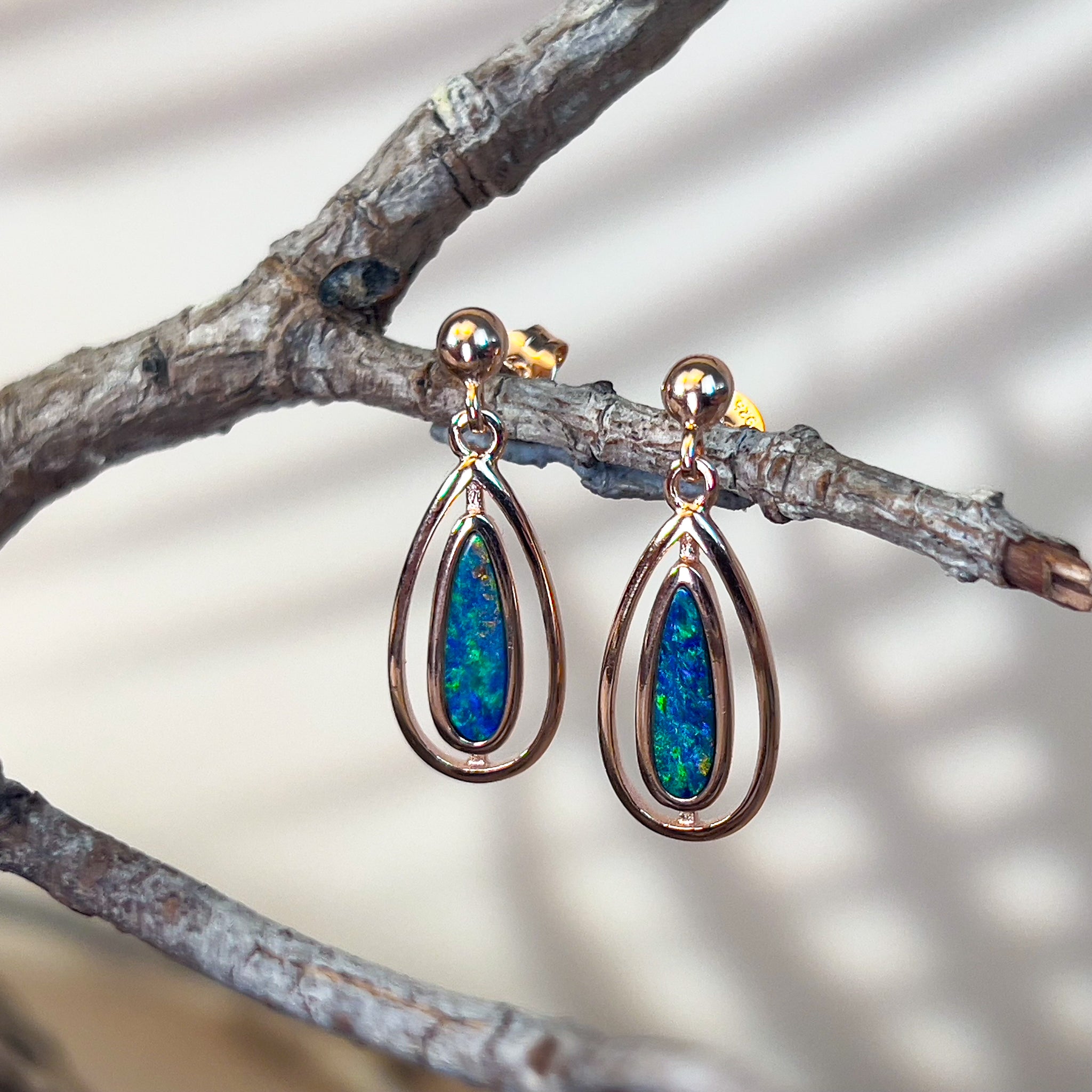 Rose Gold Silver dangling pearshape opal doublet earrings - Masterpiece Jewellery Opal & Gems Sydney Australia | Online Shop