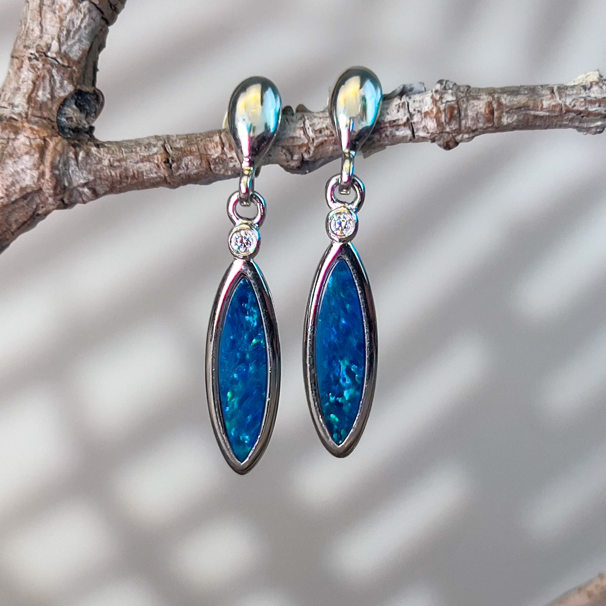 Sterling Silver dangling Opal earrings marquise shape - Masterpiece Jewellery Opal & Gems Sydney Australia | Online Shop