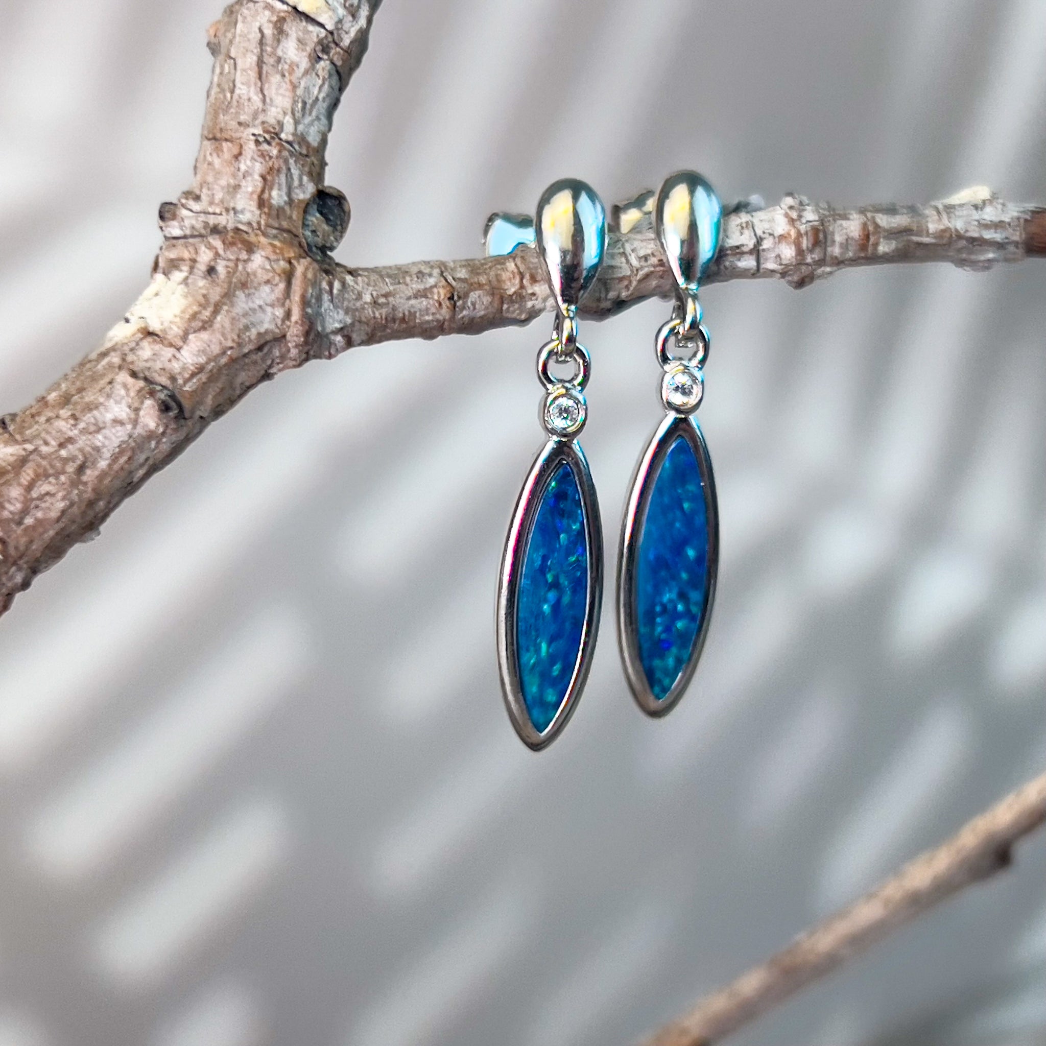 Sterling Silver dangling Opal earrings marquise shape - Masterpiece Jewellery Opal & Gems Sydney Australia | Online Shop