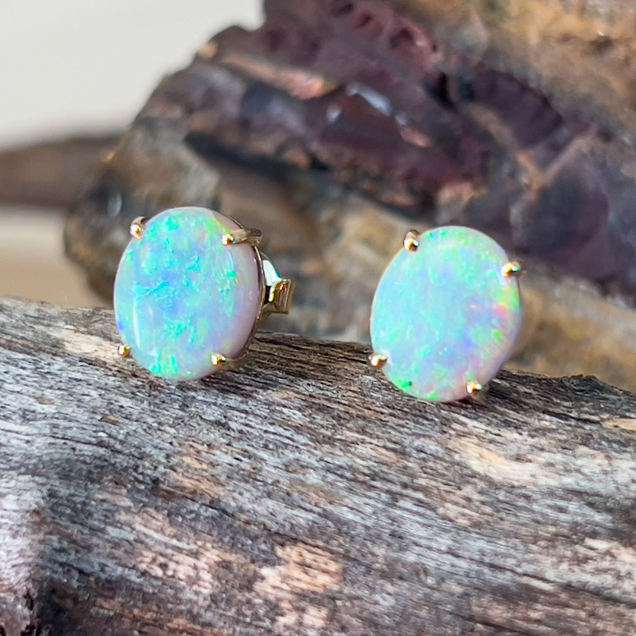 14kt Yellow Gold pair of black opal 2.53ct claw set earrings - Masterpiece Jewellery Opal & Gems Sydney Australia | Online Shop