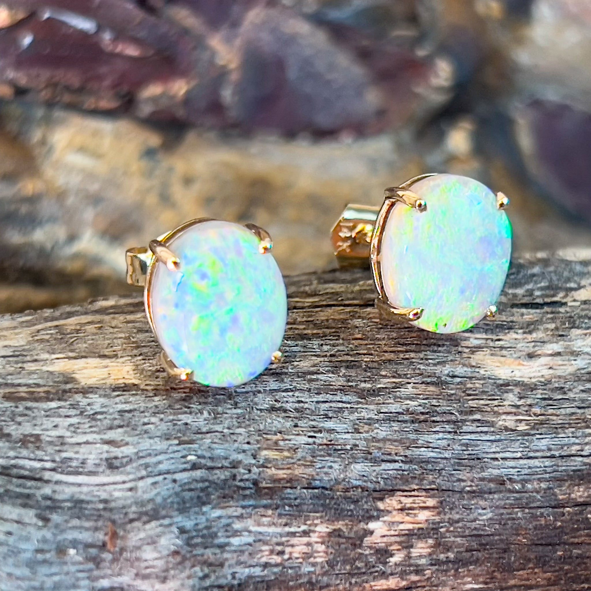 14kt Yellow Gold pair of black opal 2.53ct claw set earrings - Masterpiece Jewellery Opal & Gems Sydney Australia | Online Shop