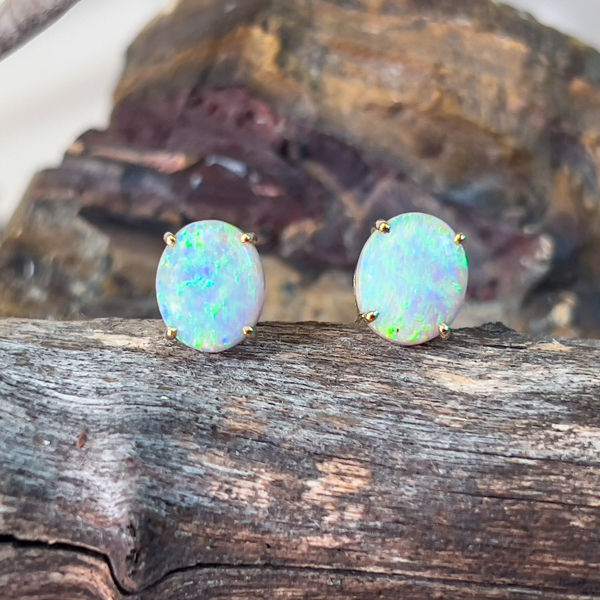 14kt Yellow Gold pair of black opal 2.53ct claw set earrings - Masterpiece Jewellery Opal & Gems Sydney Australia | Online Shop