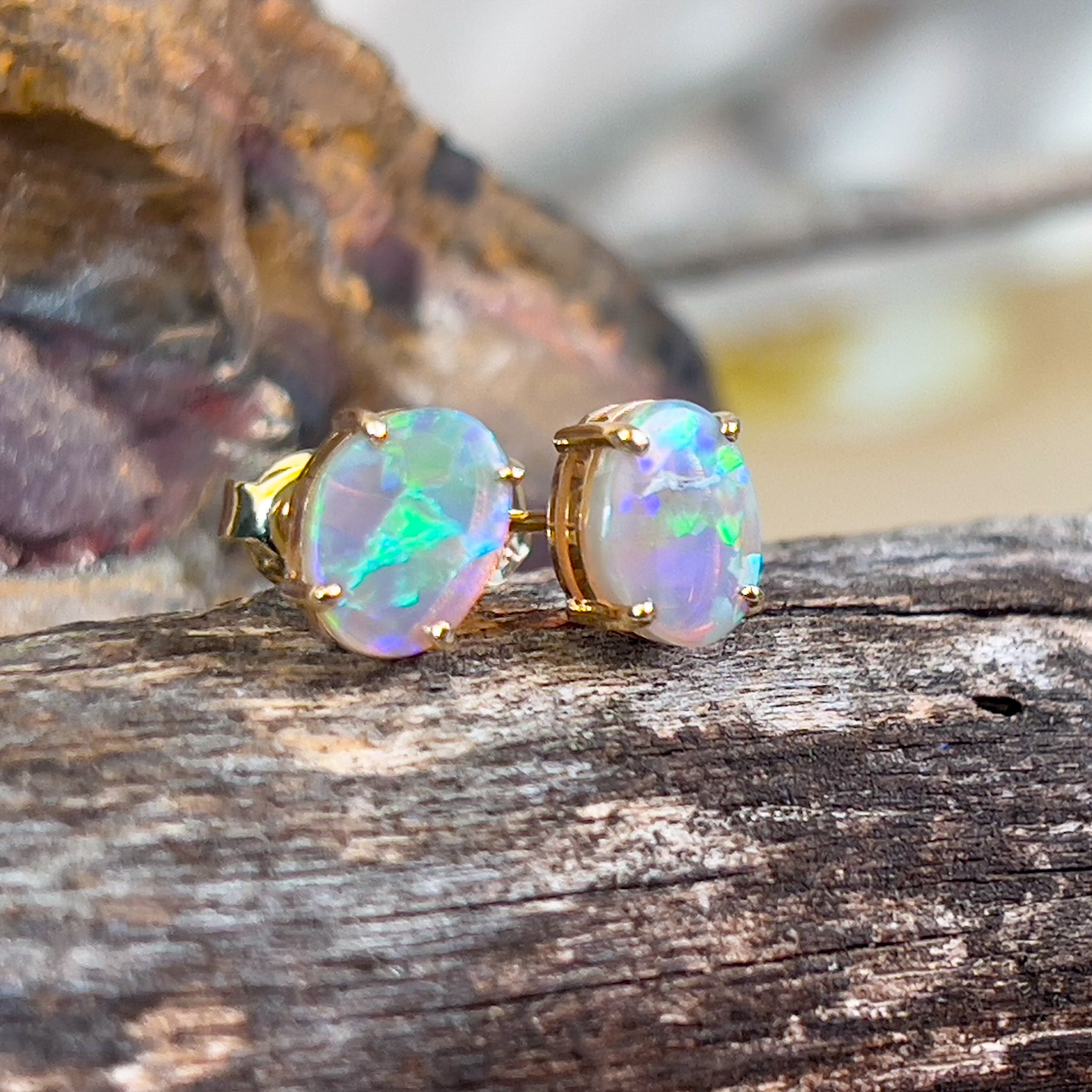 14kt Yellow Gold pair of Black Opals 1.38ct claw set - Masterpiece Jewellery Opal & Gems Sydney Australia | Online Shop