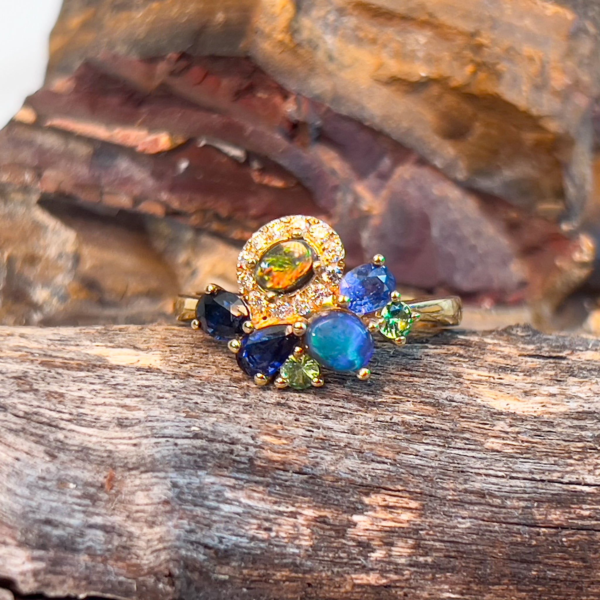 18kt Yellow Gold designer ring black opal, sapphire and tsavorite - Masterpiece Jewellery Opal & Gems Sydney Australia | Online Shop
