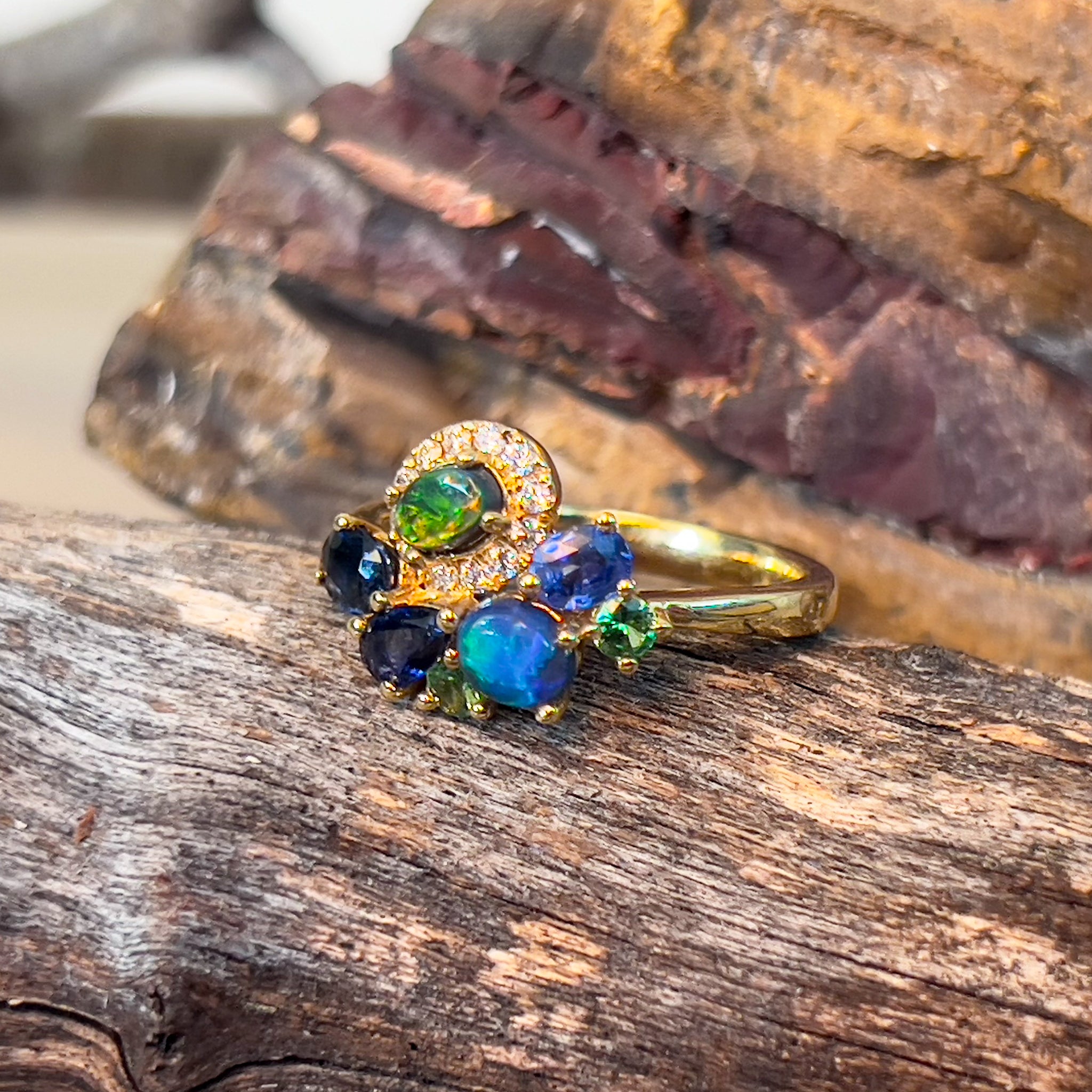 18kt Yellow Gold designer ring black opal, sapphire and tsavorite - Masterpiece Jewellery Opal & Gems Sydney Australia | Online Shop