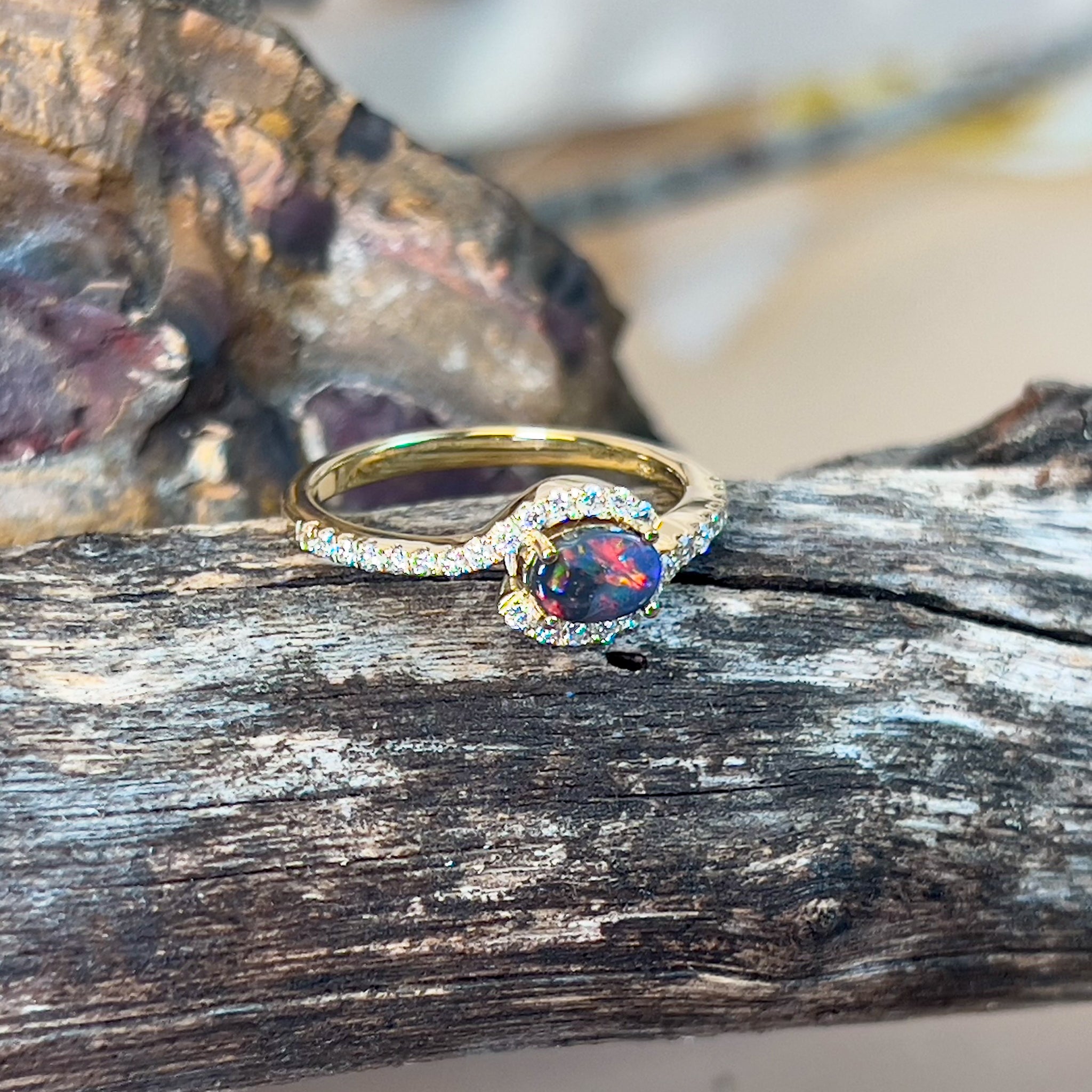 18kt Yellow Gold Black Opal 0.26ct and Diamond cross over ring - Masterpiece Jewellery Opal & Gems Sydney Australia | Online Shop