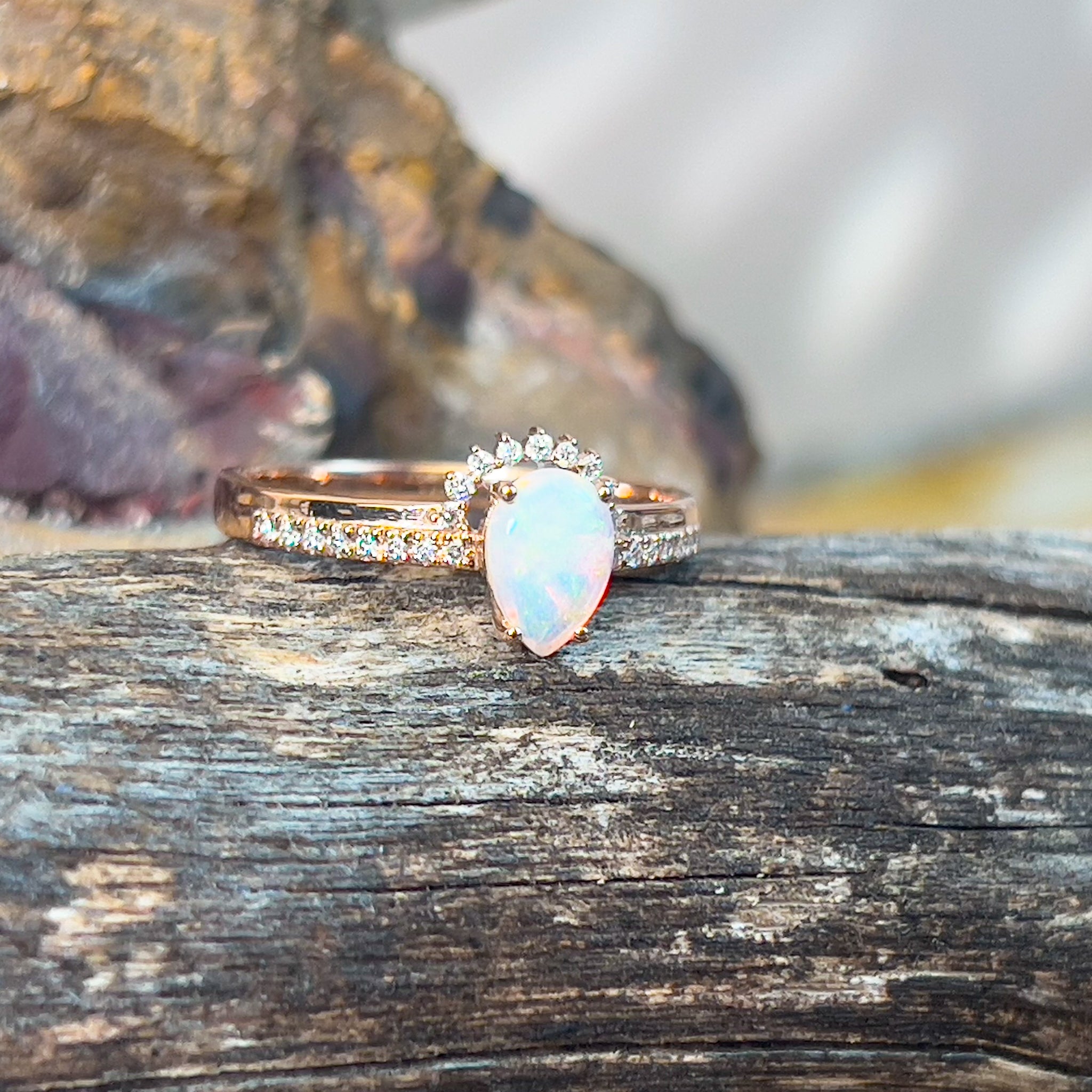 14kt Rose Gold pear shape Opal and diamond ring - Masterpiece Jewellery Opal & Gems Sydney Australia | Online Shop