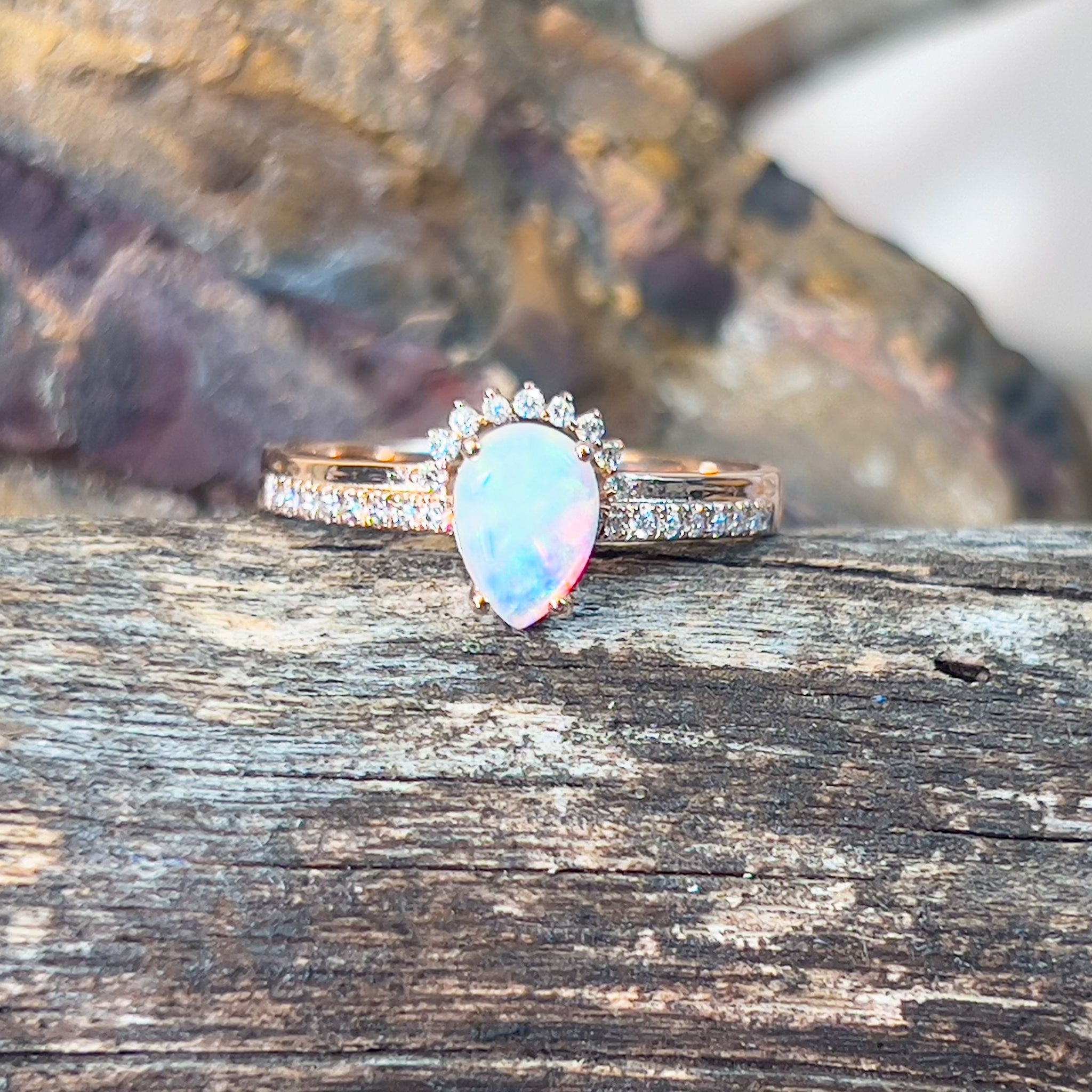 14kt Rose Gold pear shape Opal and diamond ring - Masterpiece Jewellery Opal & Gems Sydney Australia | Online Shop