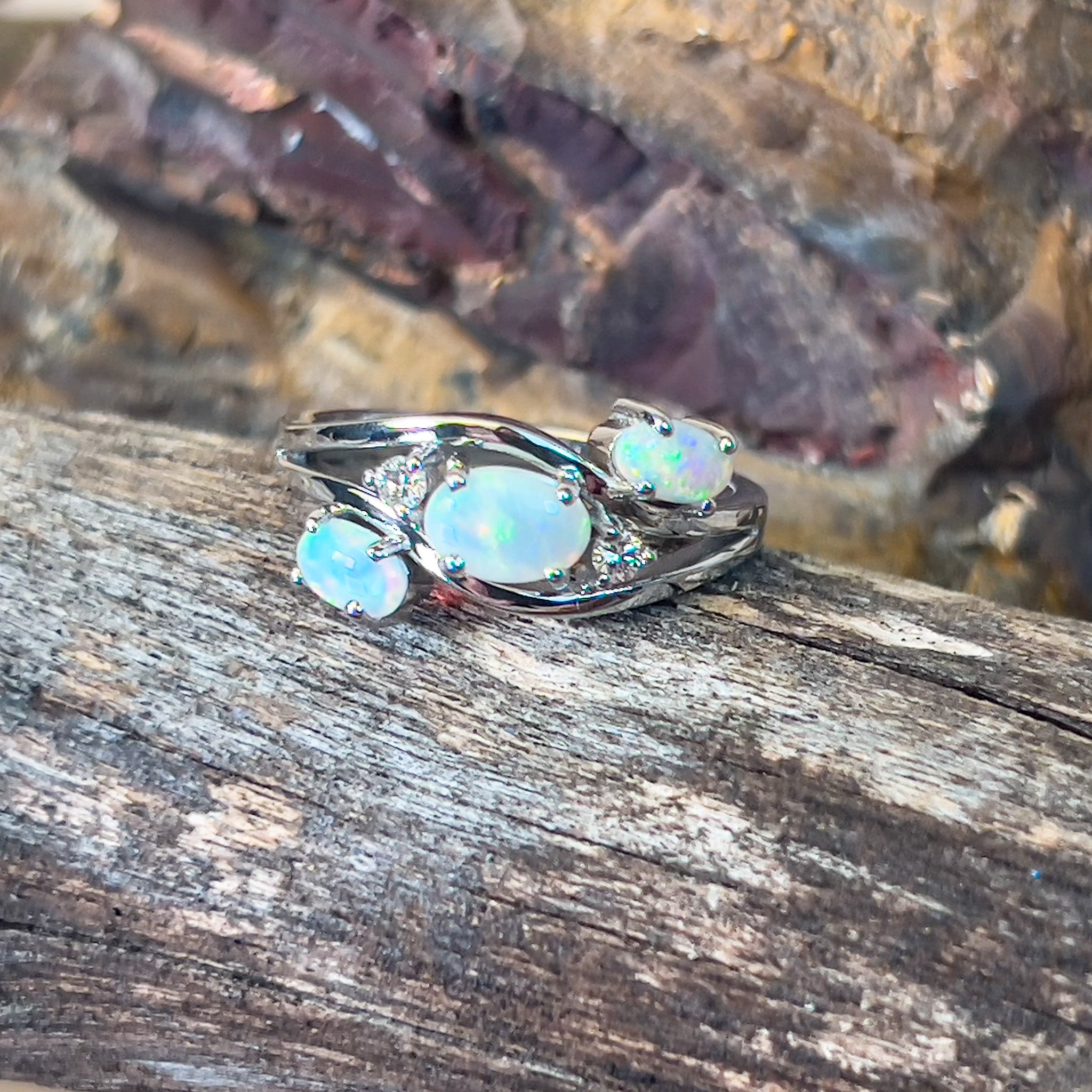 9kt White gold 3 Opal ring diagonal shaped ring - Masterpiece Jewellery Opal & Gems Sydney Australia | Online Shop