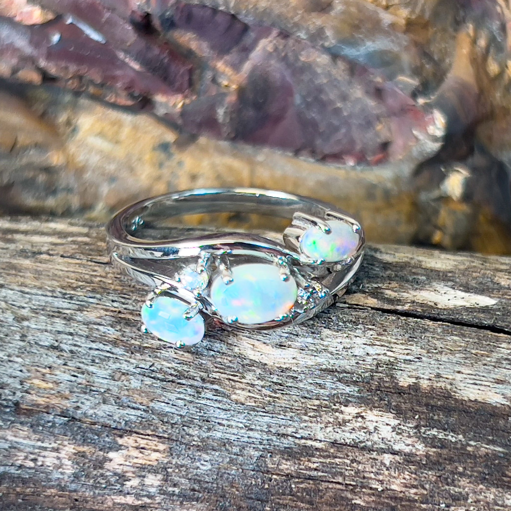 9kt White gold 3 Opal ring diagonal shaped ring - Masterpiece Jewellery Opal & Gems Sydney Australia | Online Shop