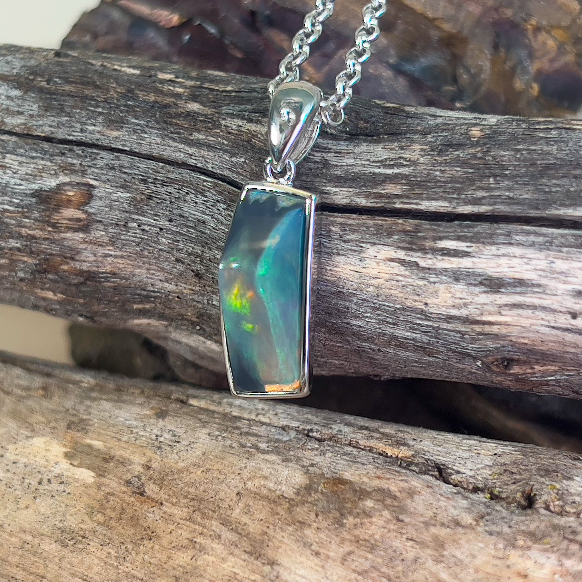 Sterling Silver black opal rectangular shape pendant - Masterpiece Jewellery Opal & Gems Sydney Australia | Online Shop