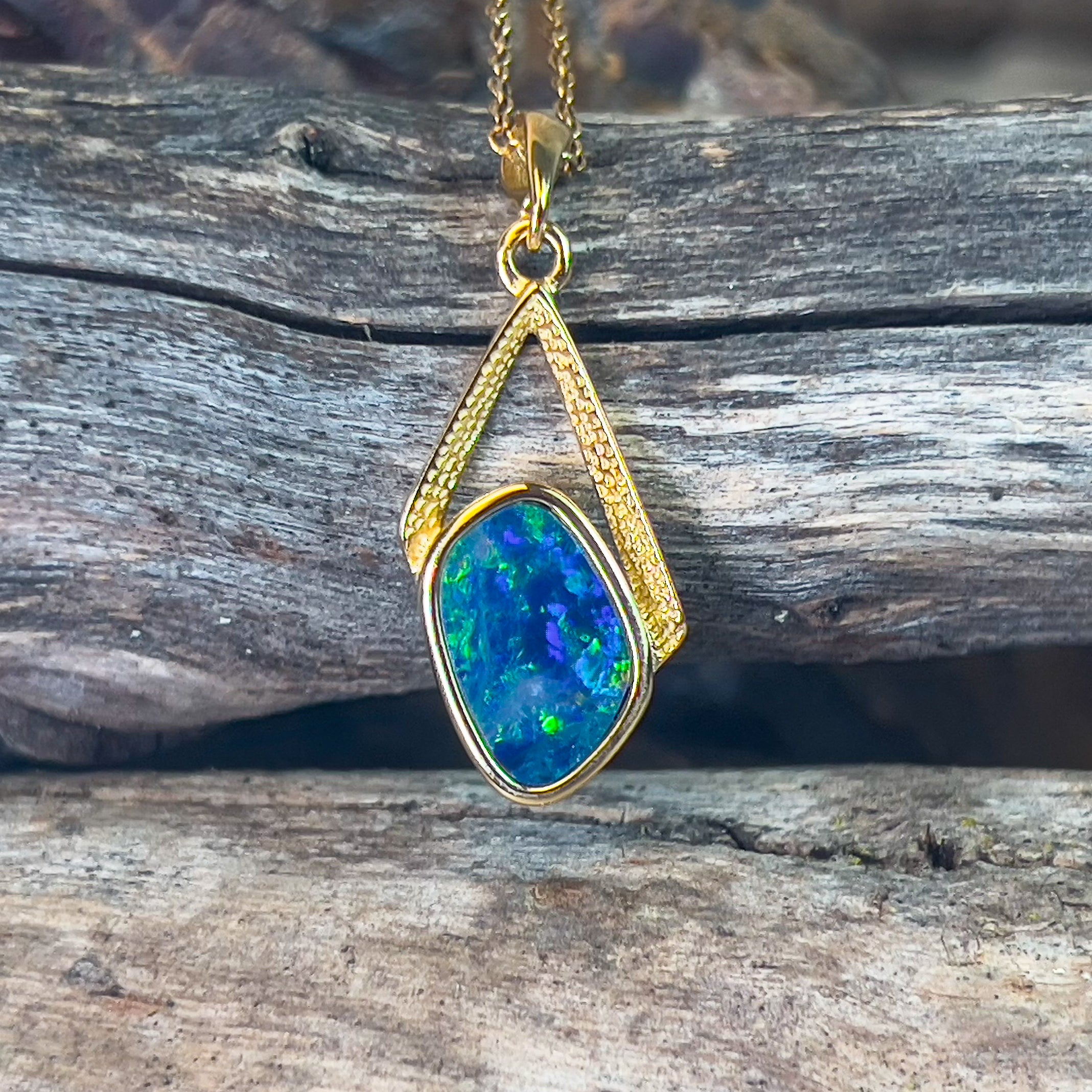 Gold plated Silver freeform Blue Green Opal doublet pendant - Masterpiece Jewellery Opal & Gems Sydney Australia | Online Shop