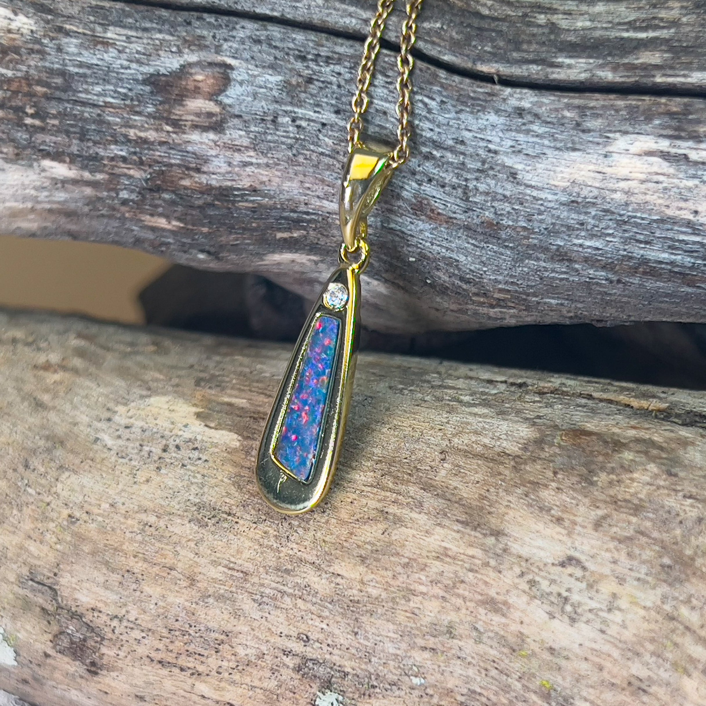 Gold plated silver Fire opal doublet with cubic zirconia pendant - Masterpiece Jewellery Opal & Gems Sydney Australia | Online Shop