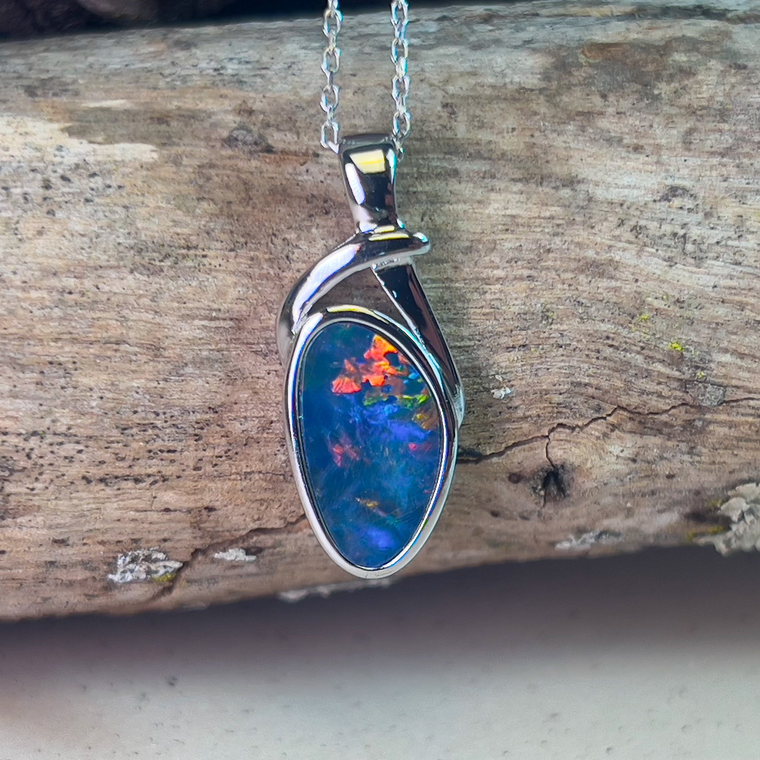 Sterling Silver Opal doublet pendant freeform blue red - Masterpiece Jewellery Opal & Gems Sydney Australia | Online Shop