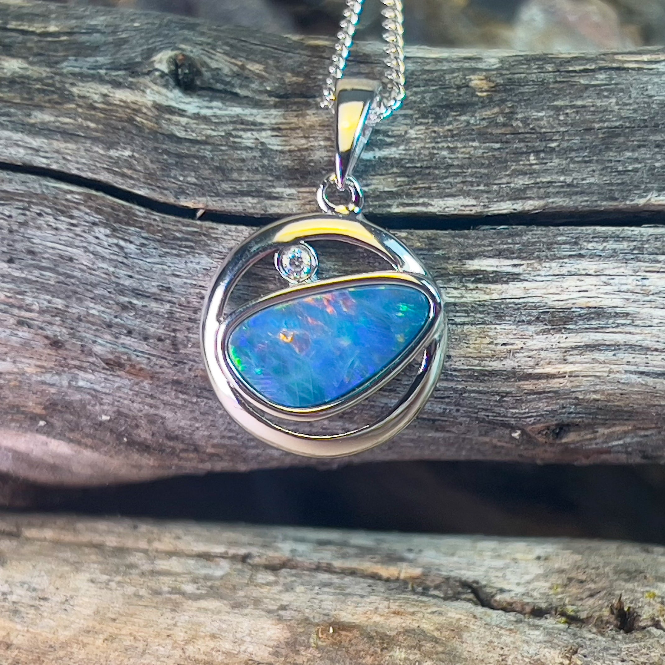 Sterling Silver Opal doublet slanted circle design necklace - Masterpiece Jewellery Opal & Gems Sydney Australia | Online Shop