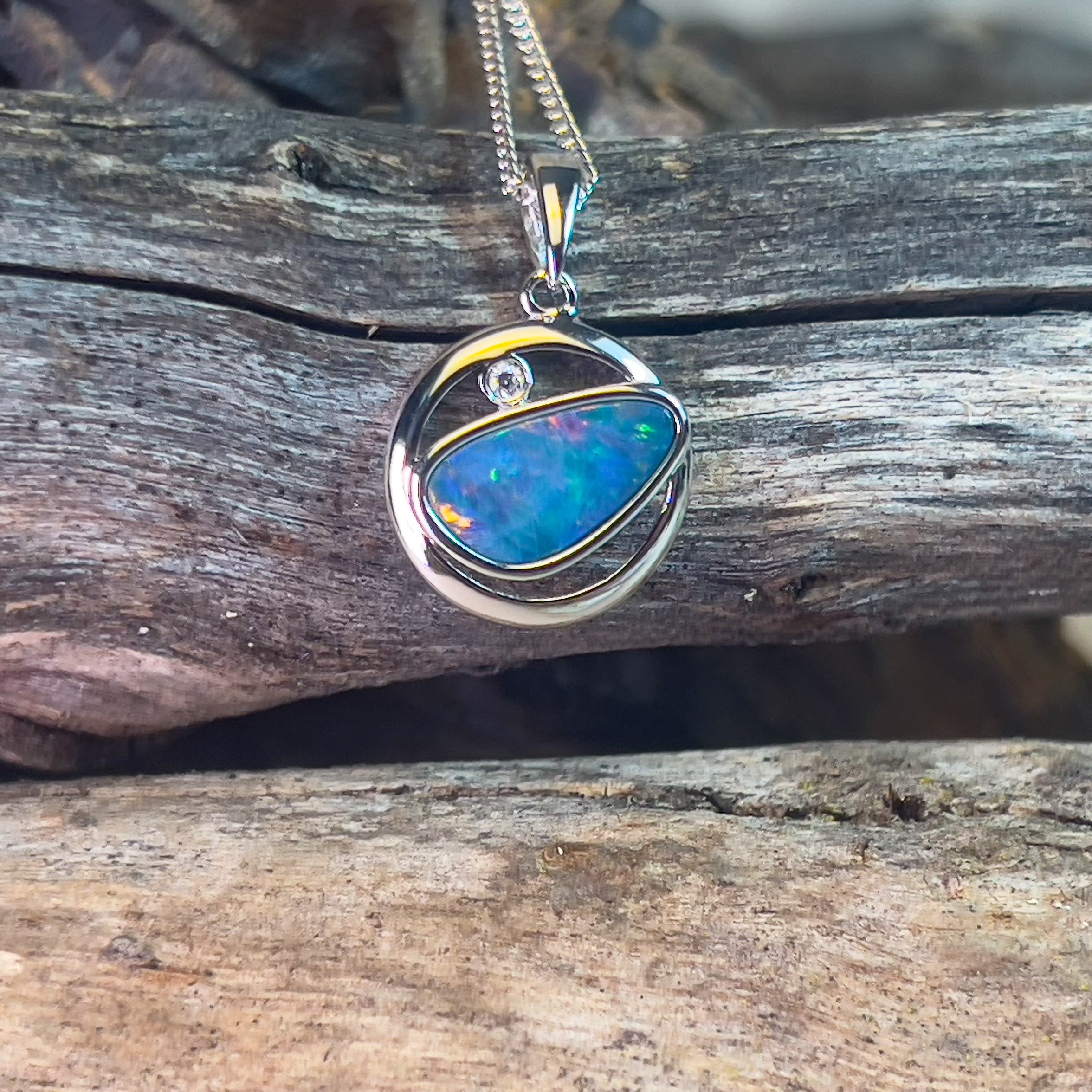 Sterling Silver Opal doublet slanted circle design necklace - Masterpiece Jewellery Opal & Gems Sydney Australia | Online Shop