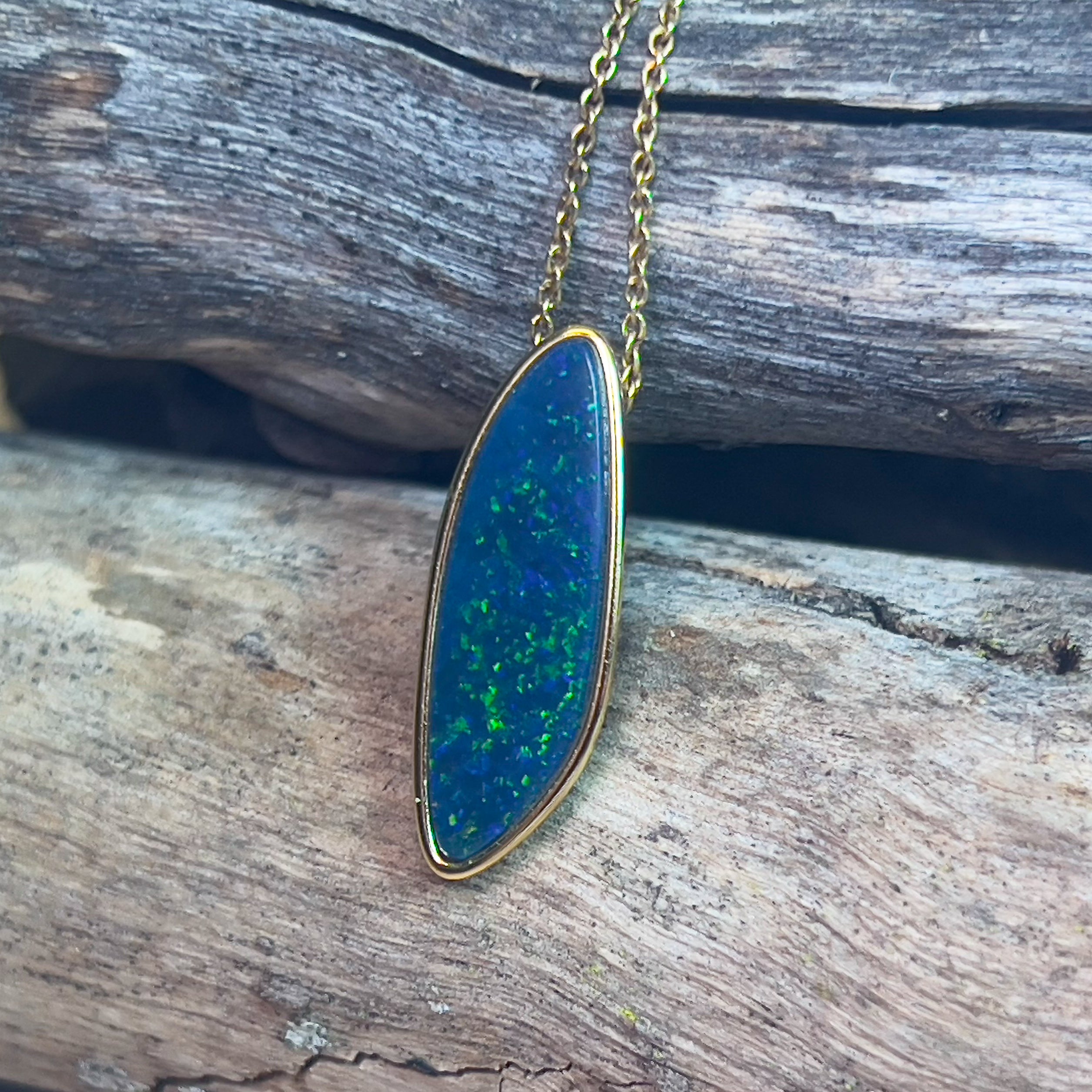 Gold plated Long freeform Opal doublet slider necklace - Masterpiece Jewellery Opal & Gems Sydney Australia | Online Shop