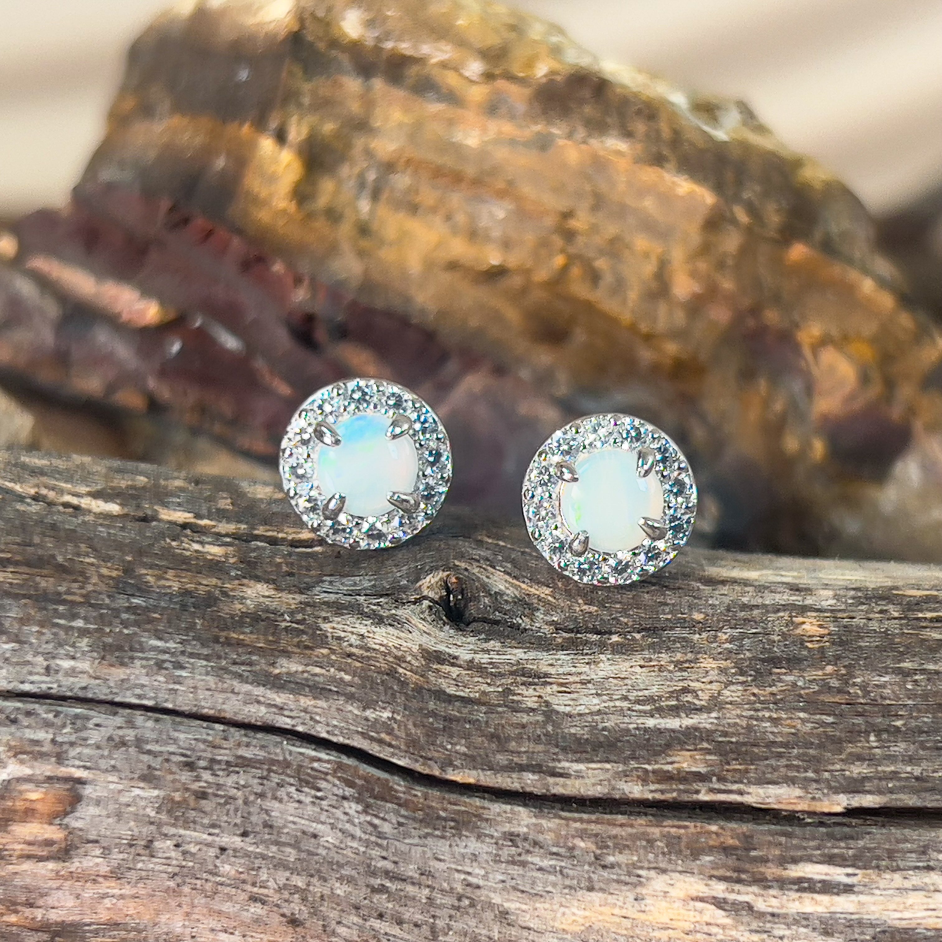 Sterling Silver White Opal 5mm halo studs - Masterpiece Jewellery Opal & Gems Sydney Australia | Online Shop