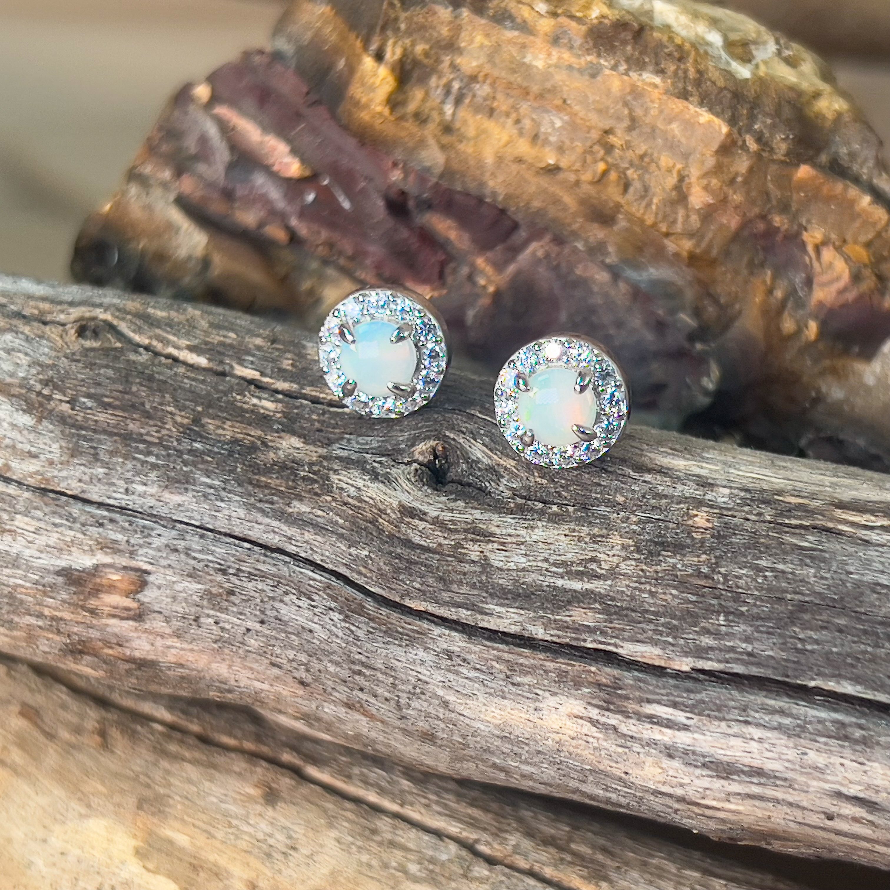 Sterling Silver White Opal 5mm halo studs - Masterpiece Jewellery Opal & Gems Sydney Australia | Online Shop