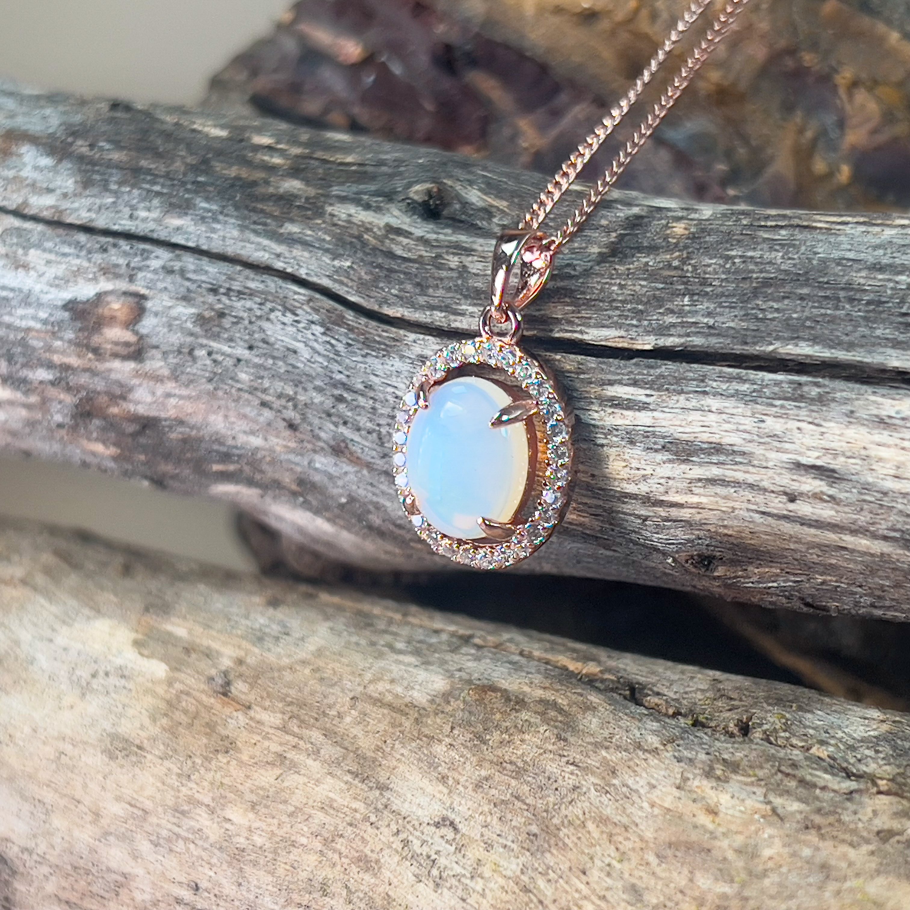 Rose Gold plated Halo 10x8mm White Opal silver pendant - Masterpiece Jewellery Opal & Gems Sydney Australia | Online Shop