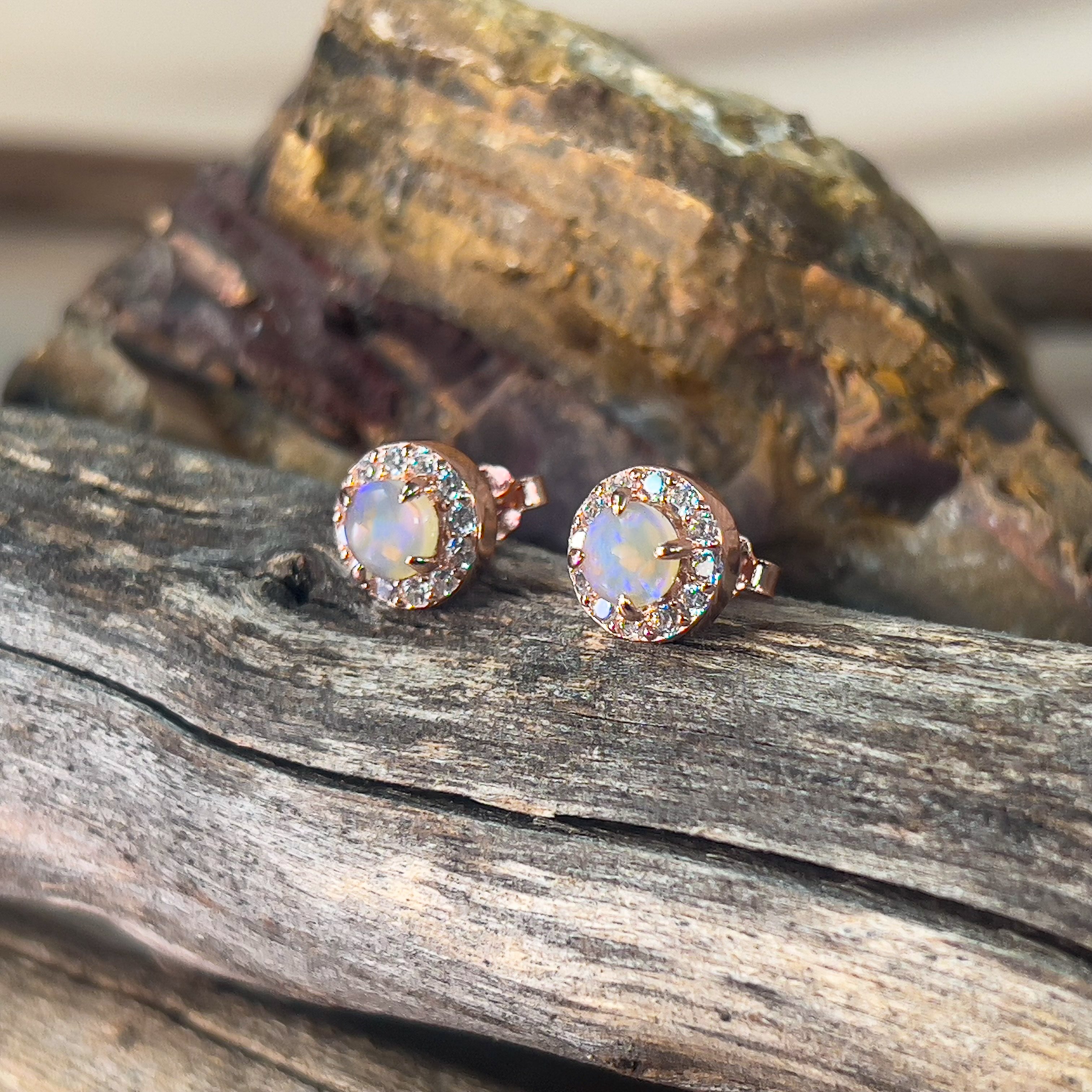 Rose Gold plated Sterling Silver 5mm Light Opal halo stud earrings - Masterpiece Jewellery Opal & Gems Sydney Australia | Online Shop