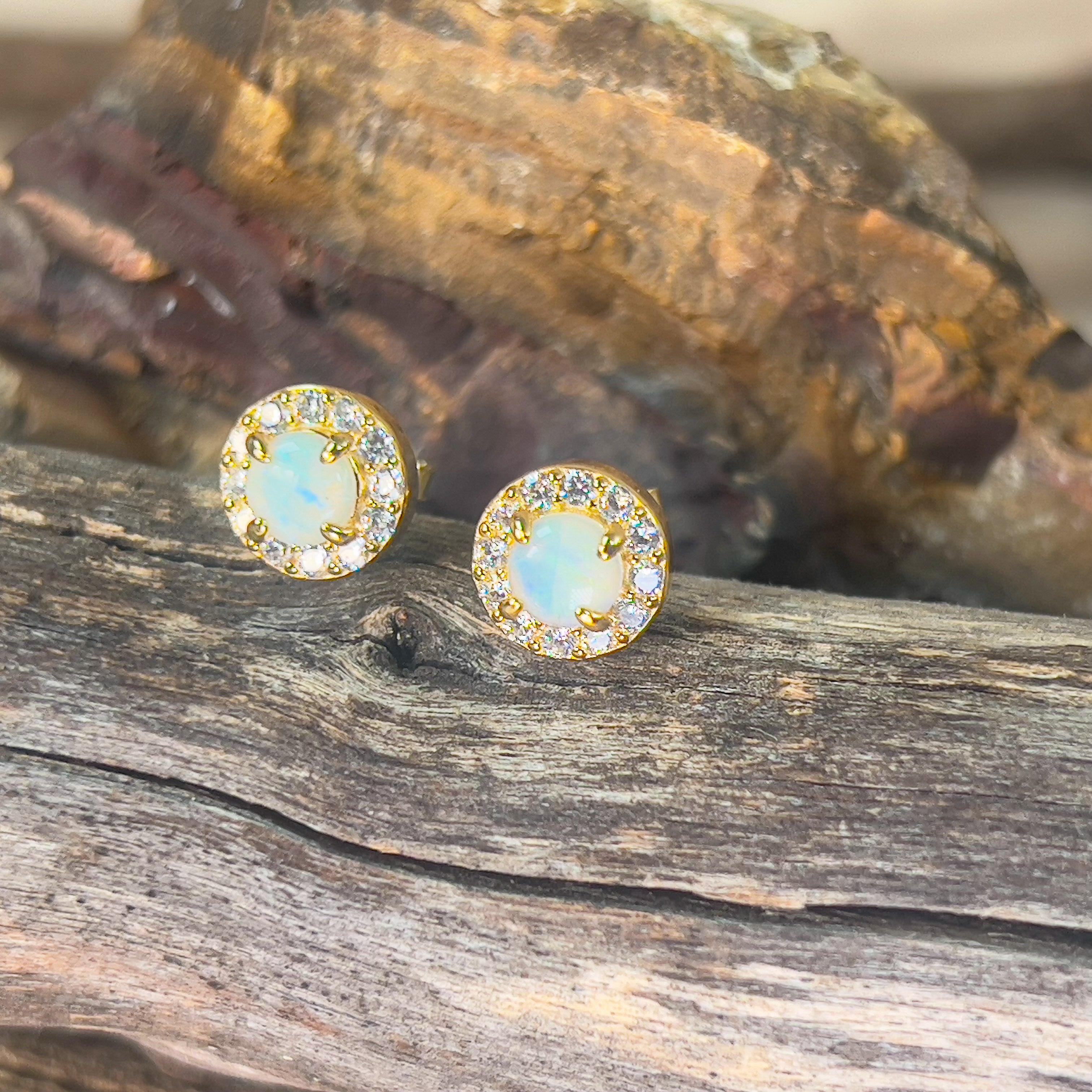 Gold plated Sterling Silver 5mm Light Opal halo studs - Masterpiece Jewellery Opal & Gems Sydney Australia | Online Shop