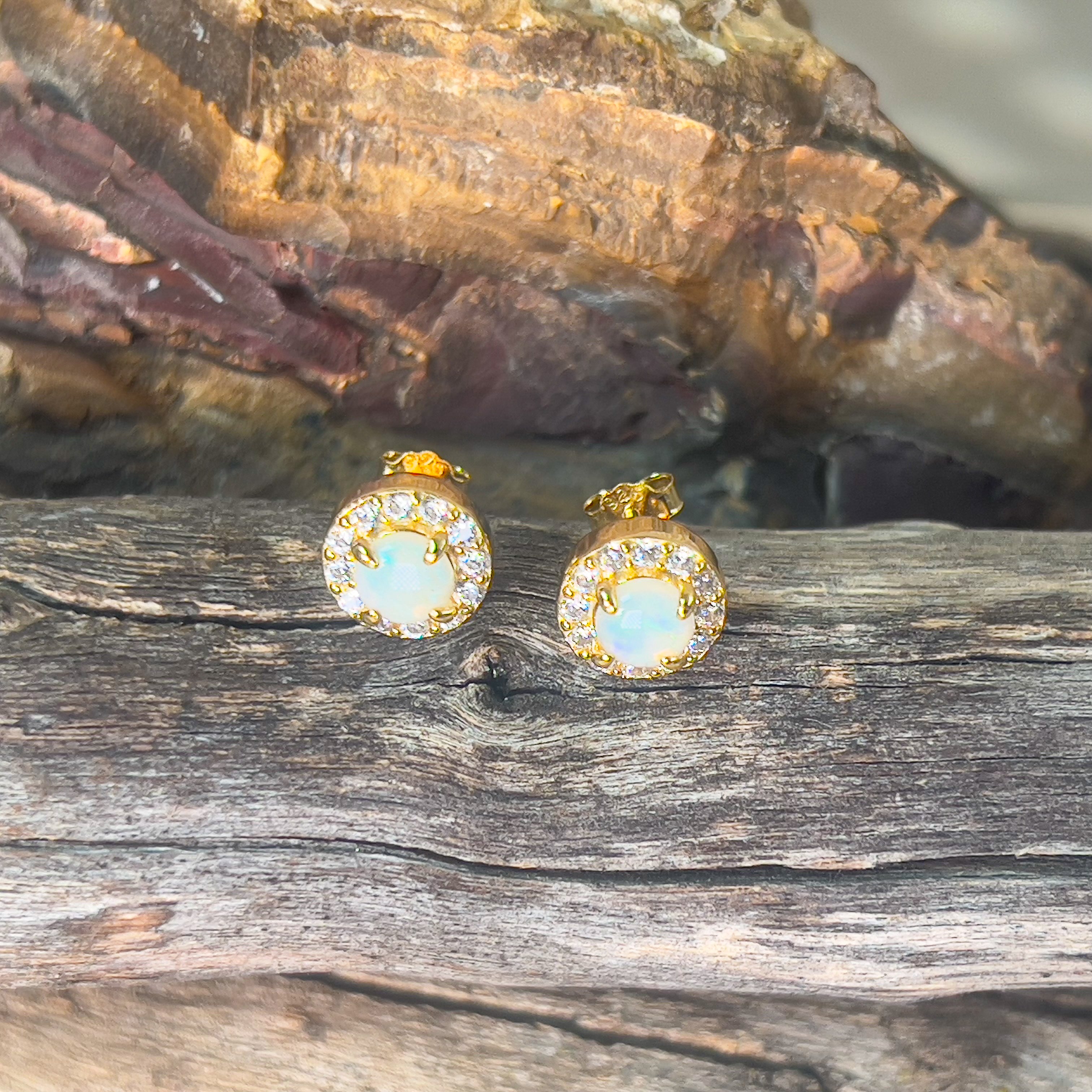 Gold plated Sterling Silver 5mm Light Opal halo studs - Masterpiece Jewellery Opal & Gems Sydney Australia | Online Shop