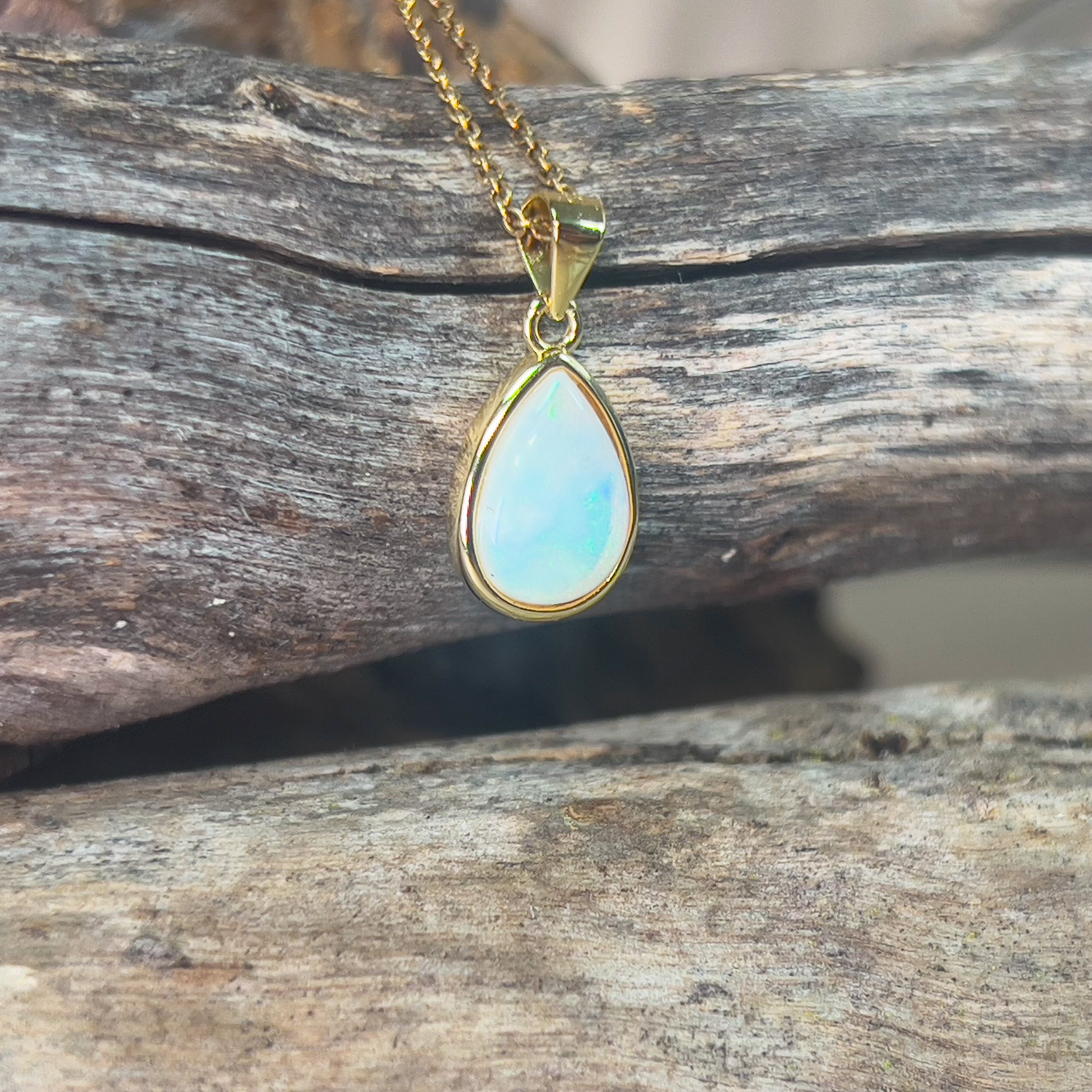 Gold plated Sterling Silver 10x7mm White opal bezel set pendant - Masterpiece Jewellery Opal & Gems Sydney Australia | Online Shop