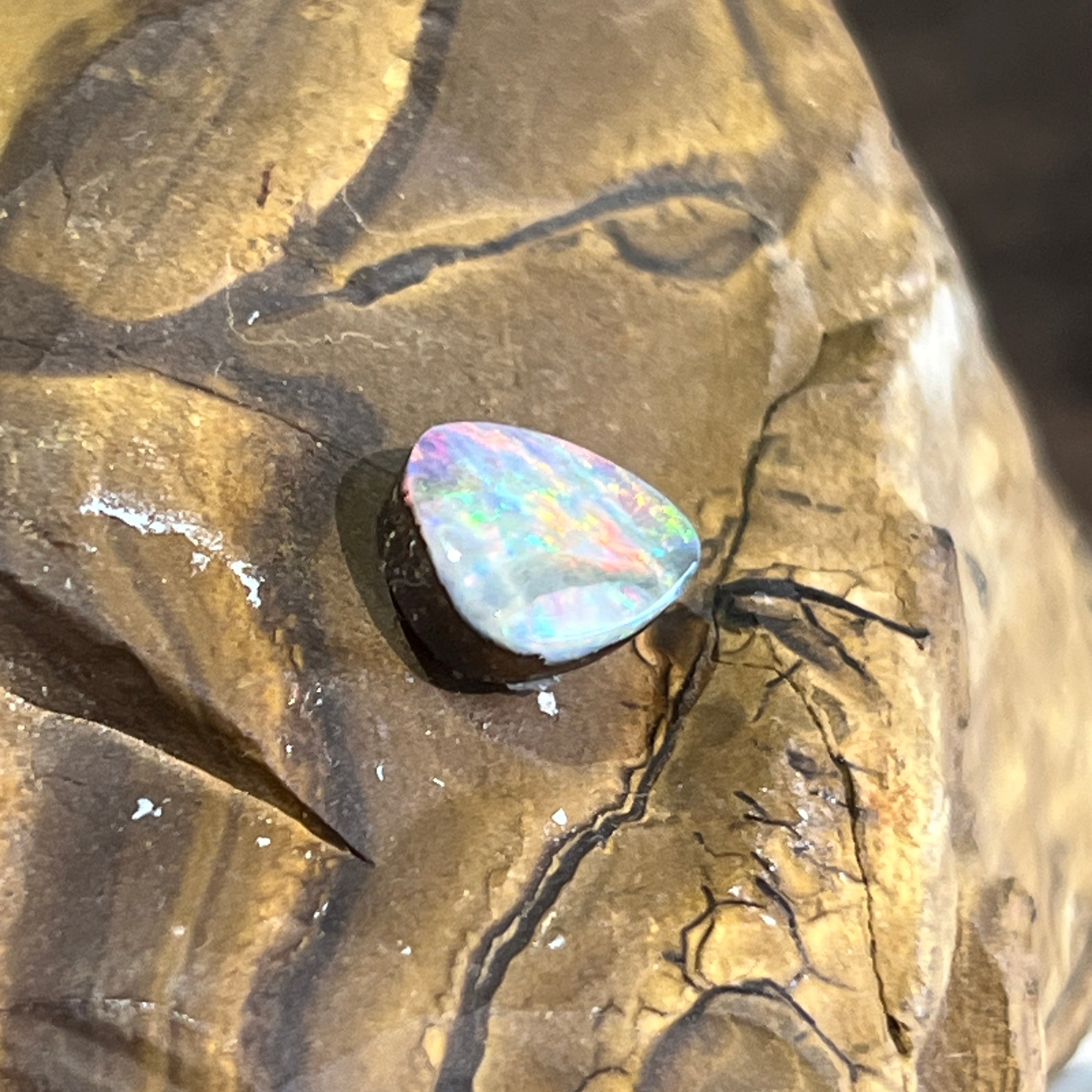Australian boulder opal tilted to show its cabochon dome, green and pink play of colour