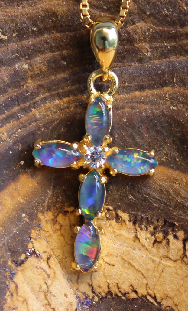 Sterling Silver Gold plated Opal triplet cross pendant - Masterpiece Jewellery Opal & Gems Sydney Australia | Online Shop