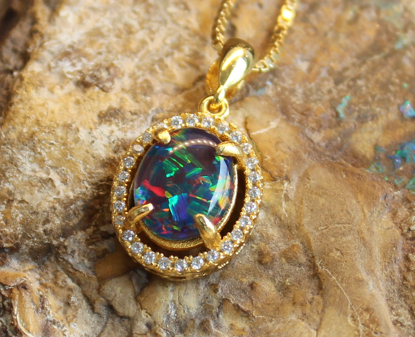 Sterling Silver Gold Plated halo Opal Triplet pendant - Masterpiece Jewellery Opal & Gems Sydney Australia | Online Shop