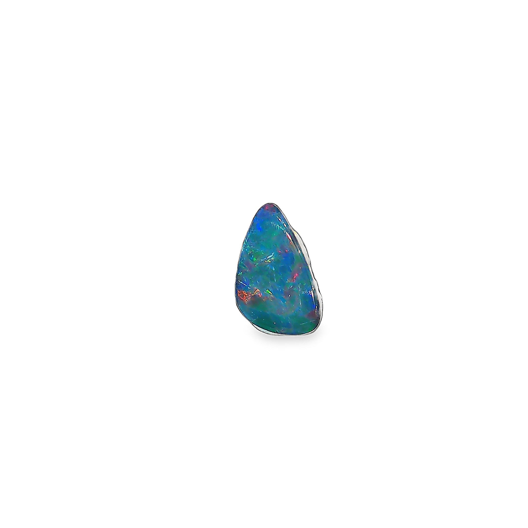 Australian opal doublet 0.79ct freeform, blue green with orange flash, on a white background
