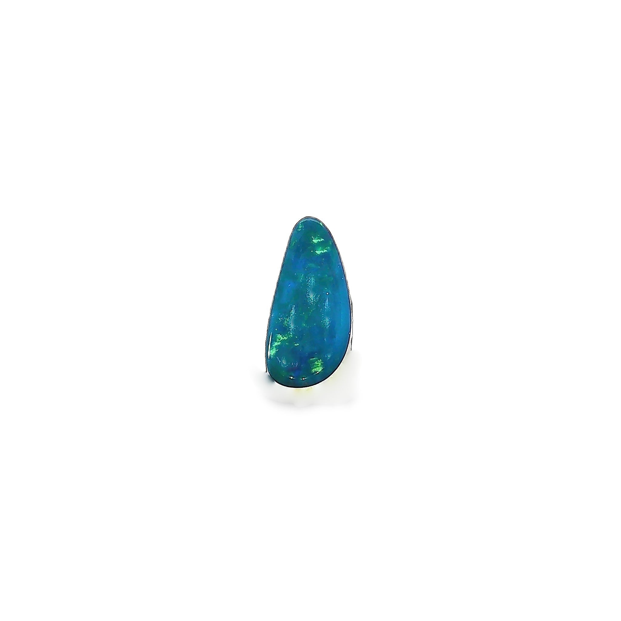 Australian opal doublet 0.74ct elongated freeform, green and teal, on a white background