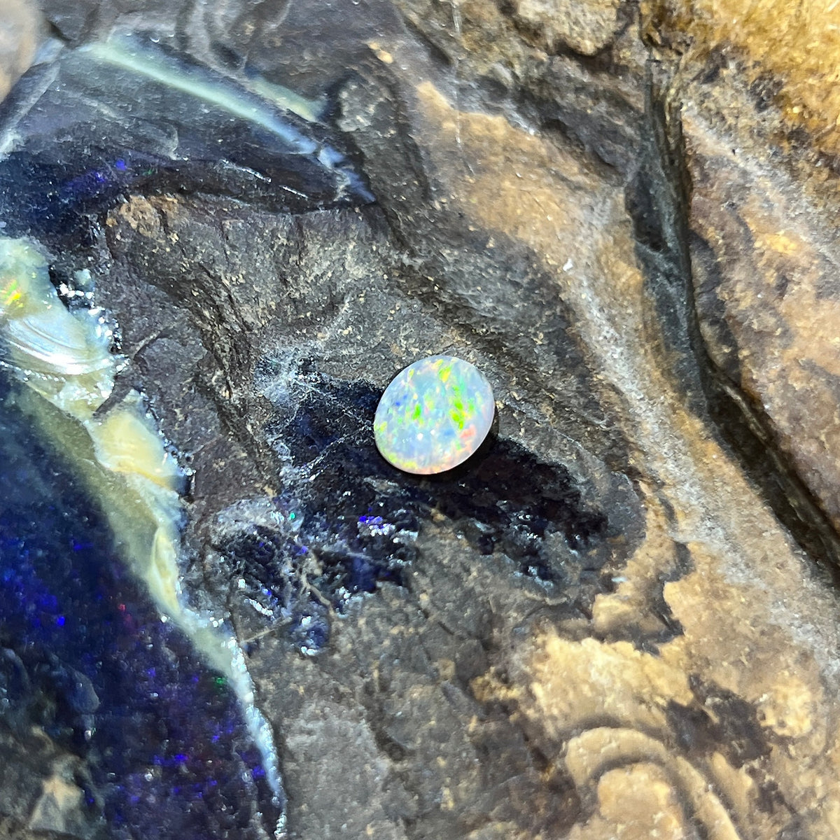 0.85ct oval black opal loose stone, red, orange and yellow play-of-colour on grey, unset, on rock