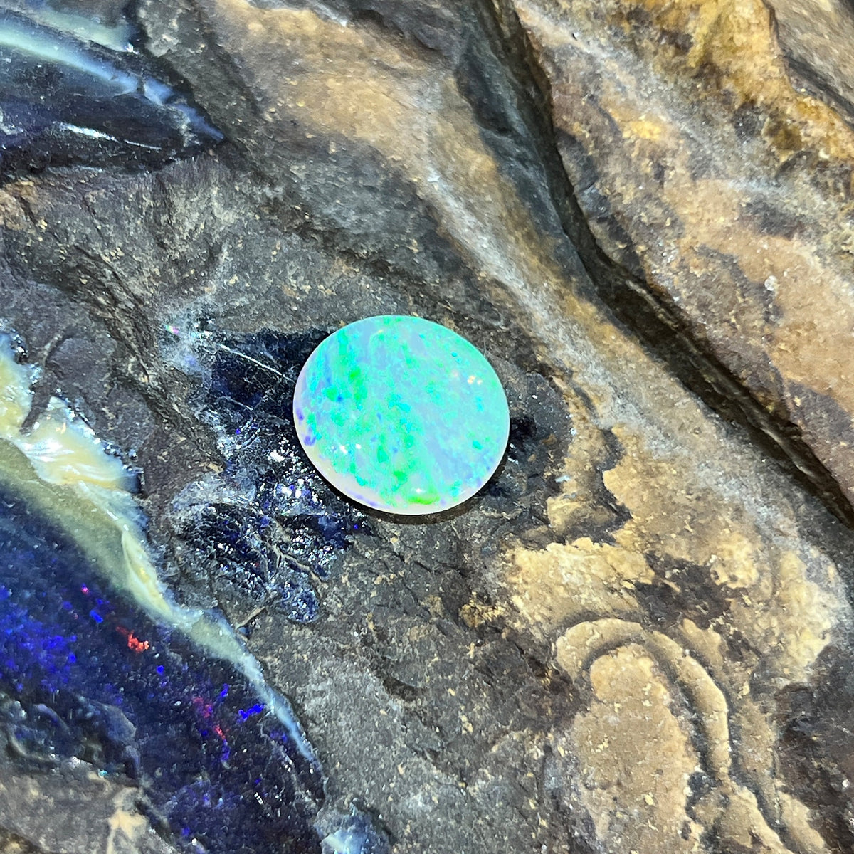 Solid Australian crystal opal 3.25ct, round 12.6mm, yellow and green with a hint of blue, loose stone on rock