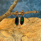 freeform Australian opal doublet earrings in rose gold-plated silver, green, blue and yellow play-of-colour