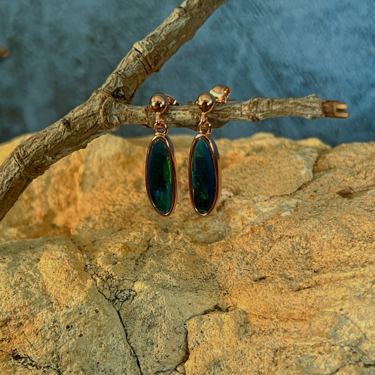rose gold-plated silver Australian opal doublet earrings with 16 x 6mm freeform stones