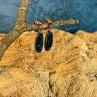 green, blue and yellow play-of-colour in 16 x 6mm freeform Australian opal doublet earrings