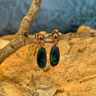 16 x 6mm Australian opal doublet earrings in rose gold-plated silver, green, blue and yellow