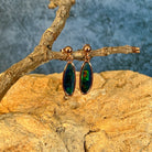 Australian opal doublet earrings, rose gold-plated silver, 16 x 6mm stones showing green, blue and yellow