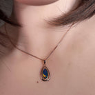 Worn Australian opal doublet pendant in rose gold-plated silver, blue, green and red, 12 x 6mm