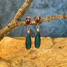 pear-shaped Australian opal doublet earrings in rose gold-plated silver, green and blue play-of-colour