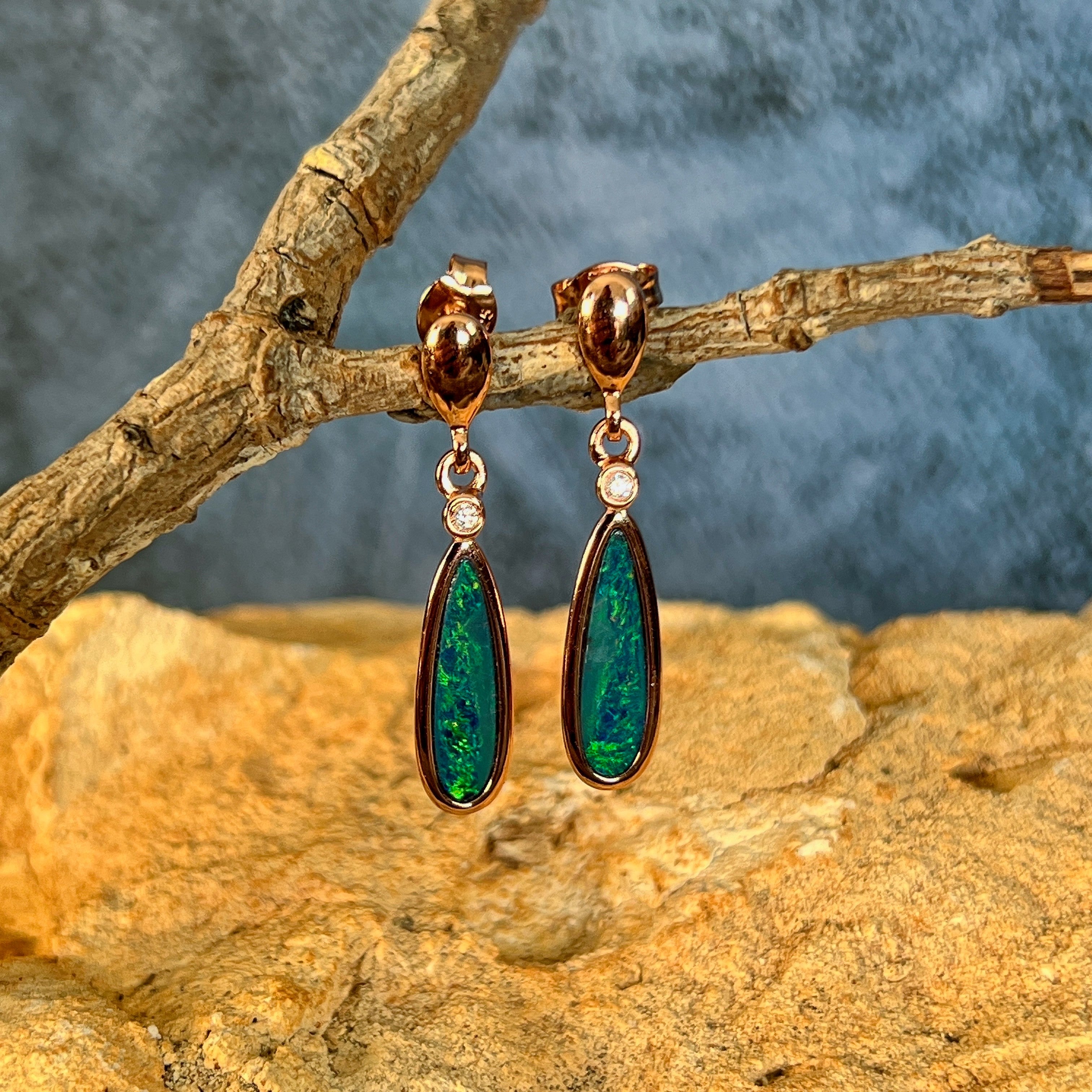 pear-shaped Australian opal doublet earrings in rose gold-plated silver, green and blue play-of-colour