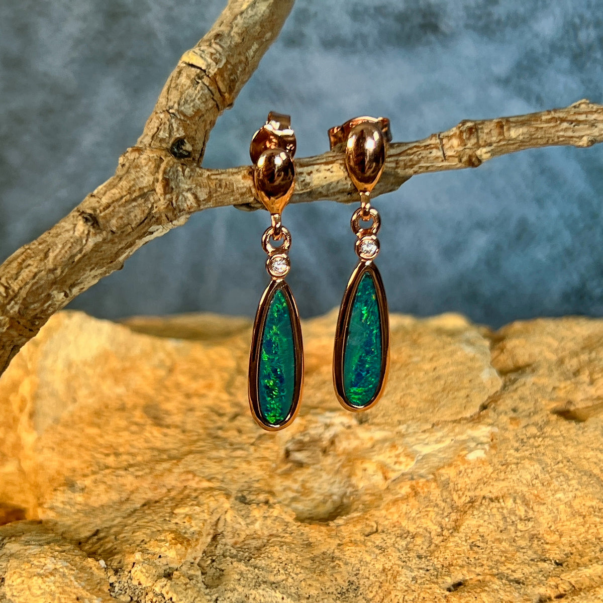 16 x 5mm Australian opal doublet earrings in rose gold-plated silver, green and blue