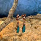 Australian opal doublet earrings, rose gold-plated silver, 16 x 5mm stones showing green and blue