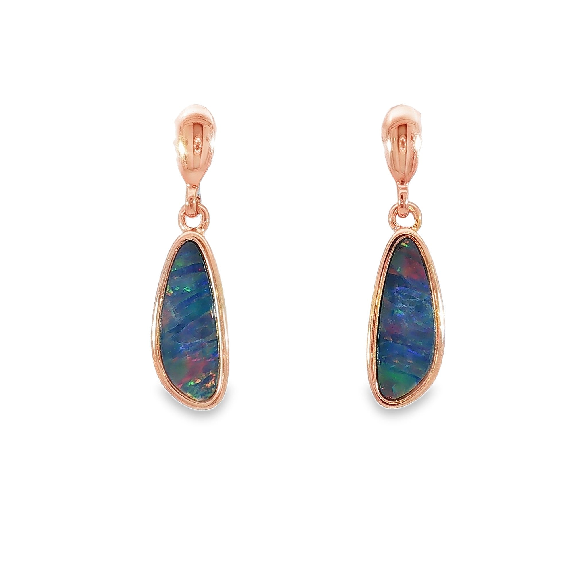 13 x 5mm pear-shaped Australian opal doublet earrings in rose gold-plated silver