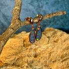 violet, red, green and blue play-of-colour in 13 x 5mm pear-shaped Australian opal doublet earrings